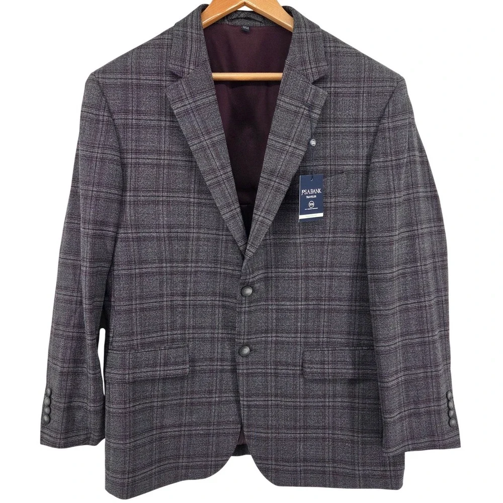 Jos A Bank Traveler Blazer Mens 44R Grey Plaid Wool Blend Tailored Fit